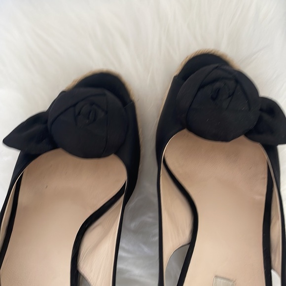 Prada women's black satin floral applique wedge sandal - Picture 5 of 6